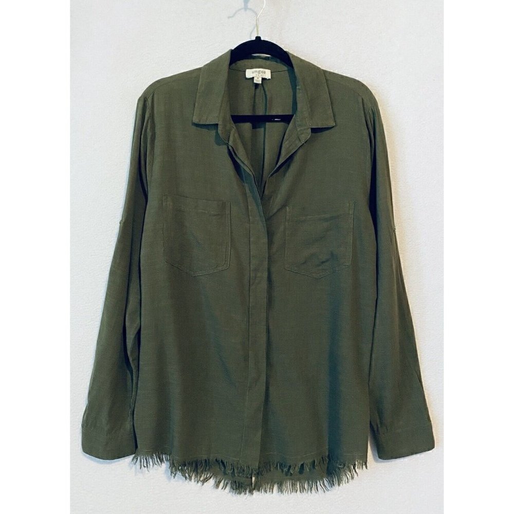 Umgee Top Womens Medium Dark Green Button Up Fringe Hem Split Back Boho Flowy